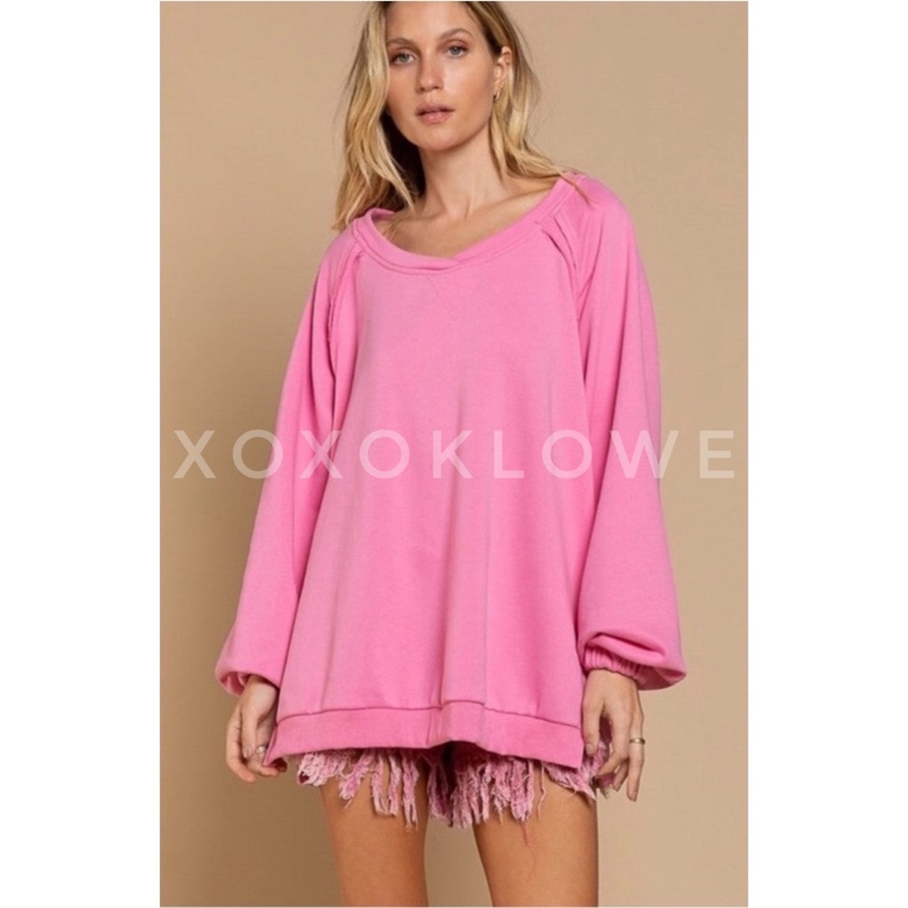 POL Pink French Terry Criss Cross Back Pullover | Slouchy Fit - Picture 11 of 12